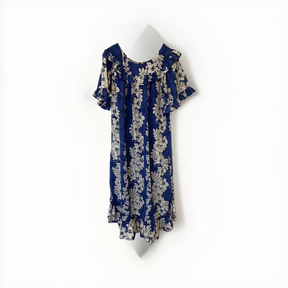 Hawaiian Muumuu Dress Women 2XL Blue Hibiscus Floral Ruffle Hem Aloha